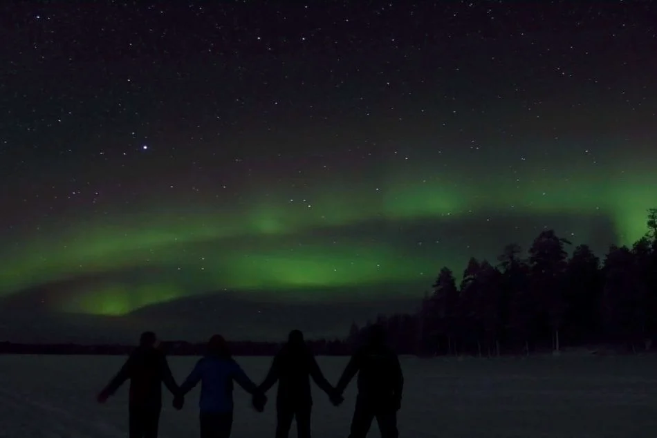 Revontulet jäätyneen järven yllä taigametsässä Rovaniemen lähellä, Suomen Lappi