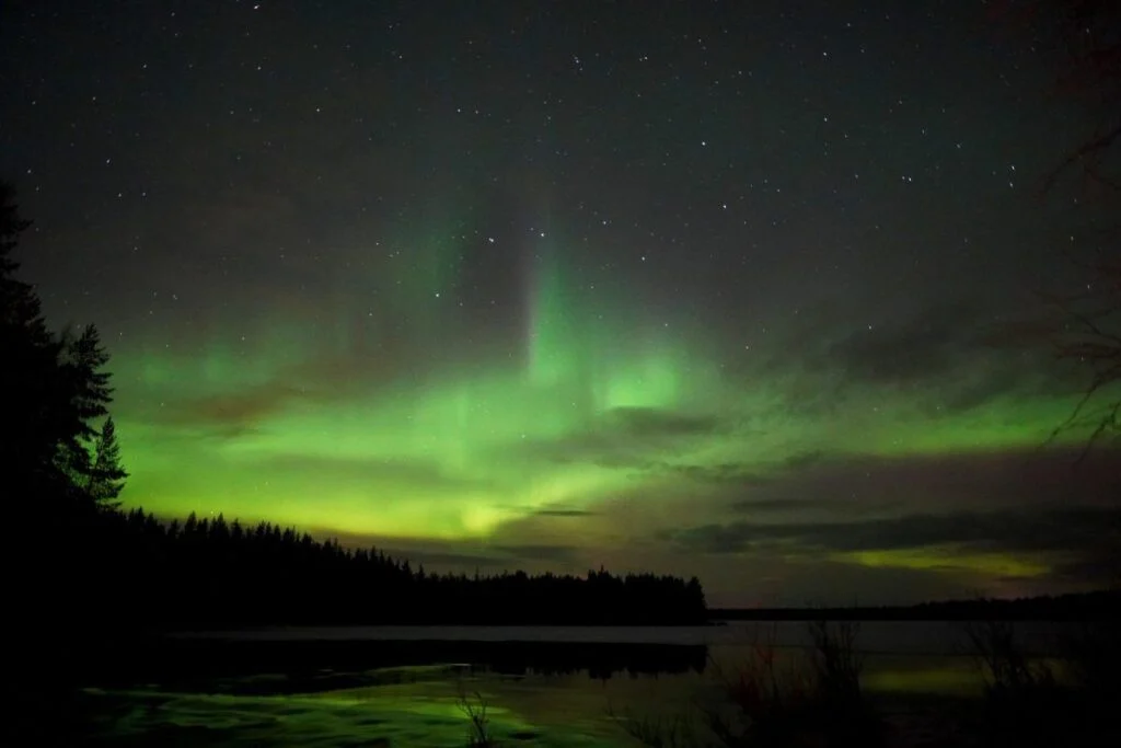 Aurora over the Taiga forest and a frozen lake near Rovaniemi, Finnish Lapland