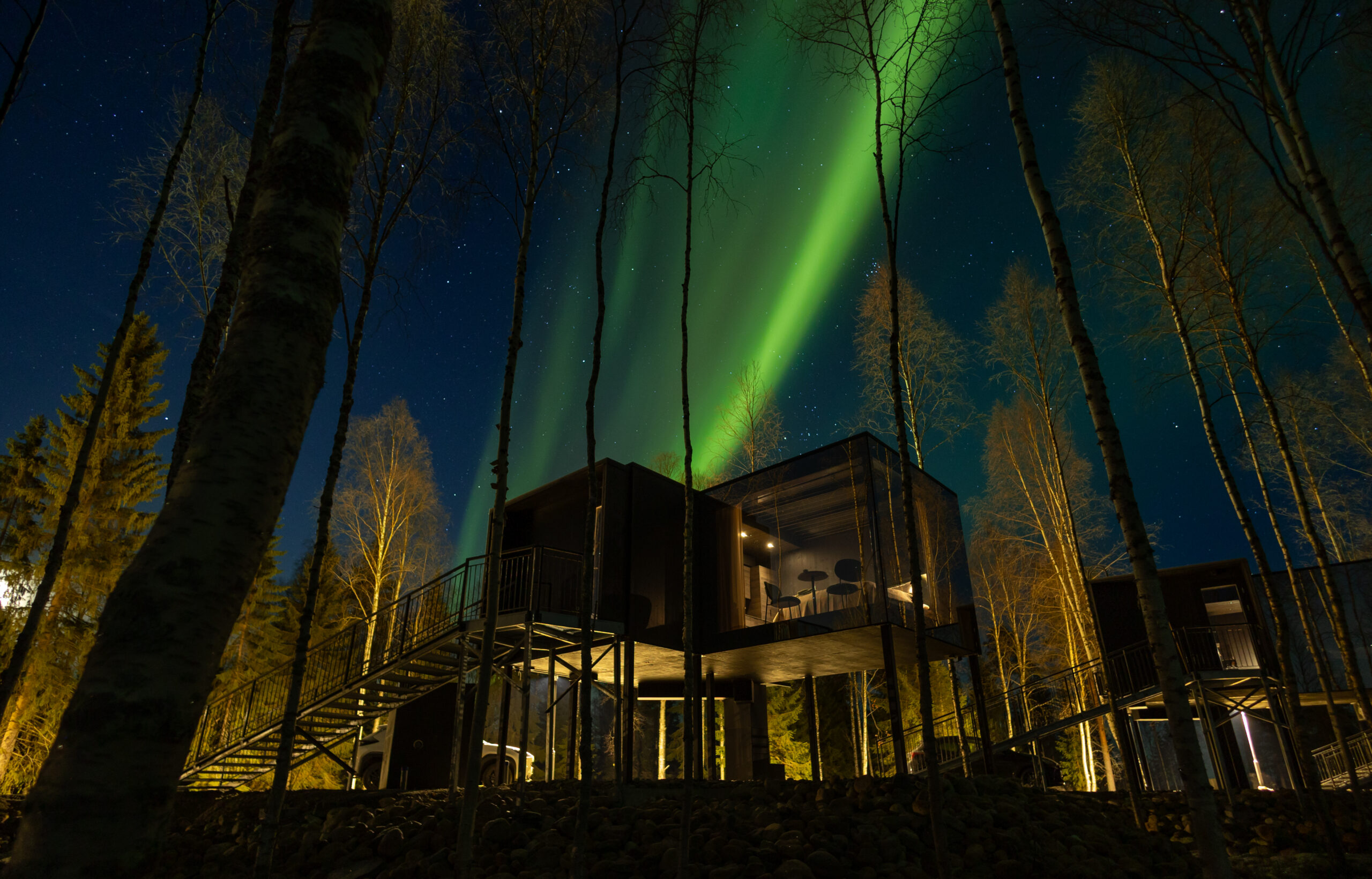 Silver Birch resort glass cabins under the auroras. Photo Credits: Isabella Sommer