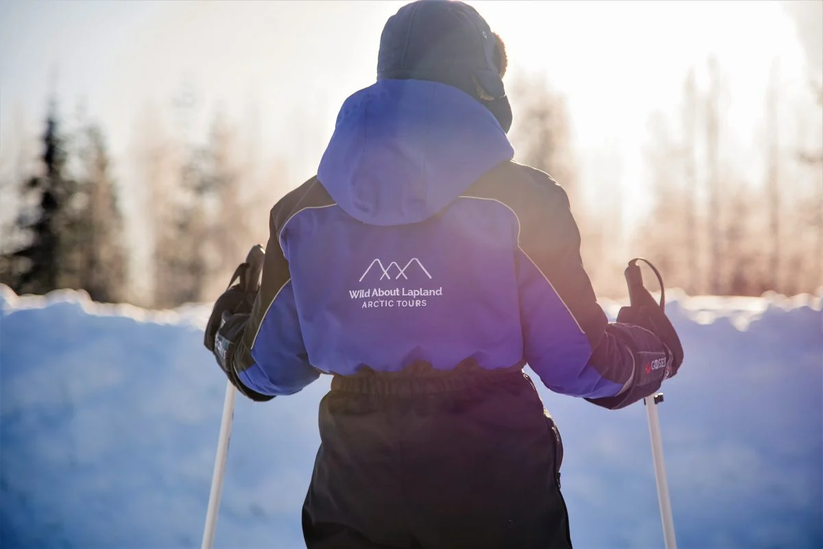 Wild About Lapland guide cross-country skiing in winter sunlight
