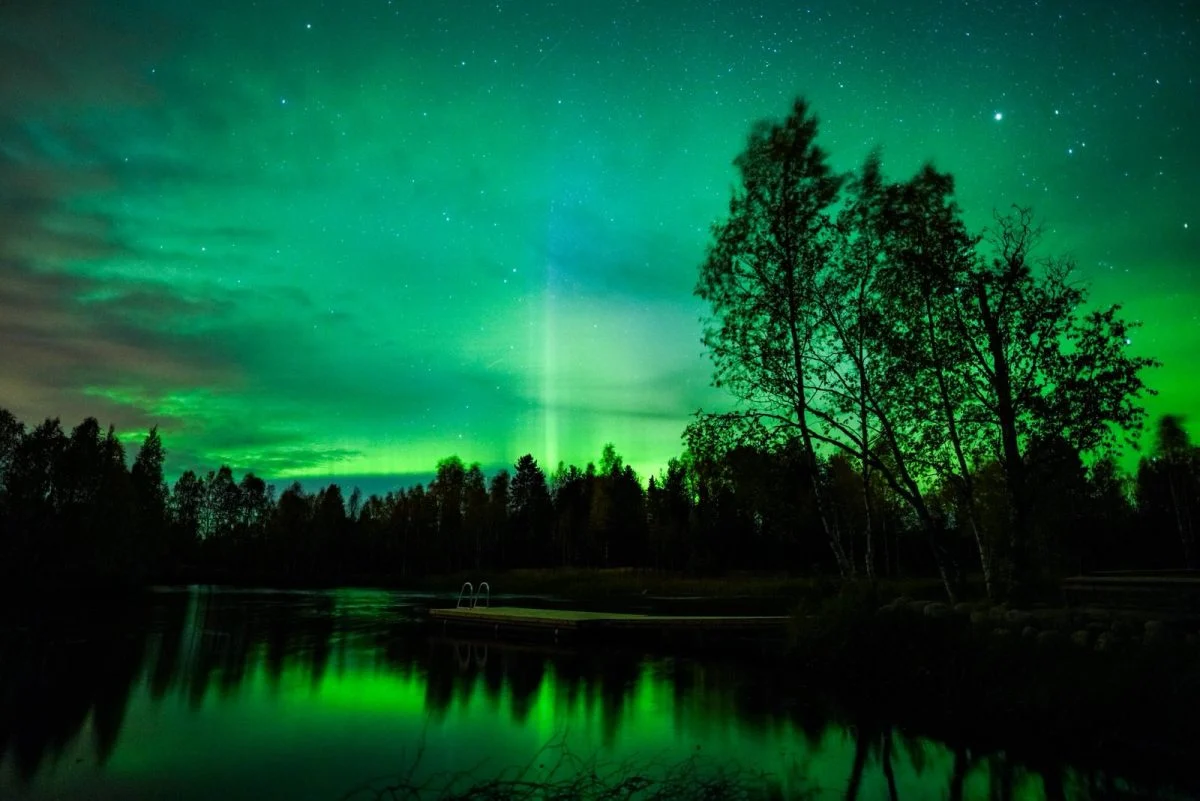 Green northern lights reflected on a forest lake in Lapland