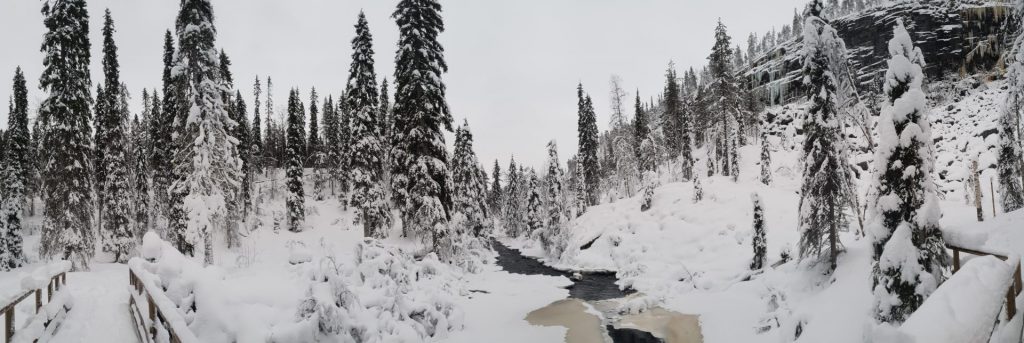 Korouoma Canyon winter landscape and frozen waterfalls hike
