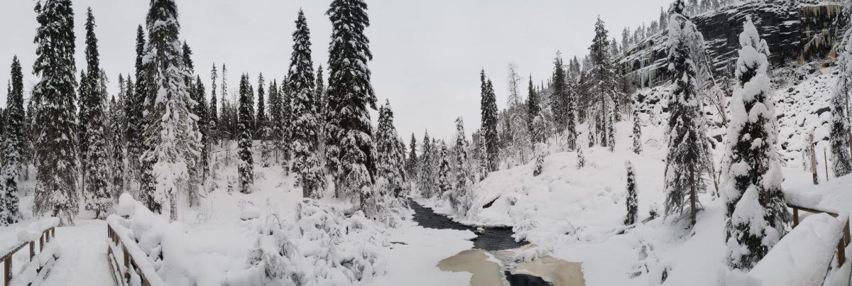 Korouoma Canyon winter landscape and frozen waterfalls hike
