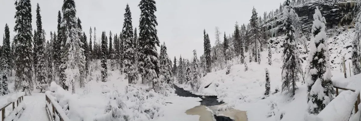 Korouoma Canyon winter landscape and frozen waterfalls hike